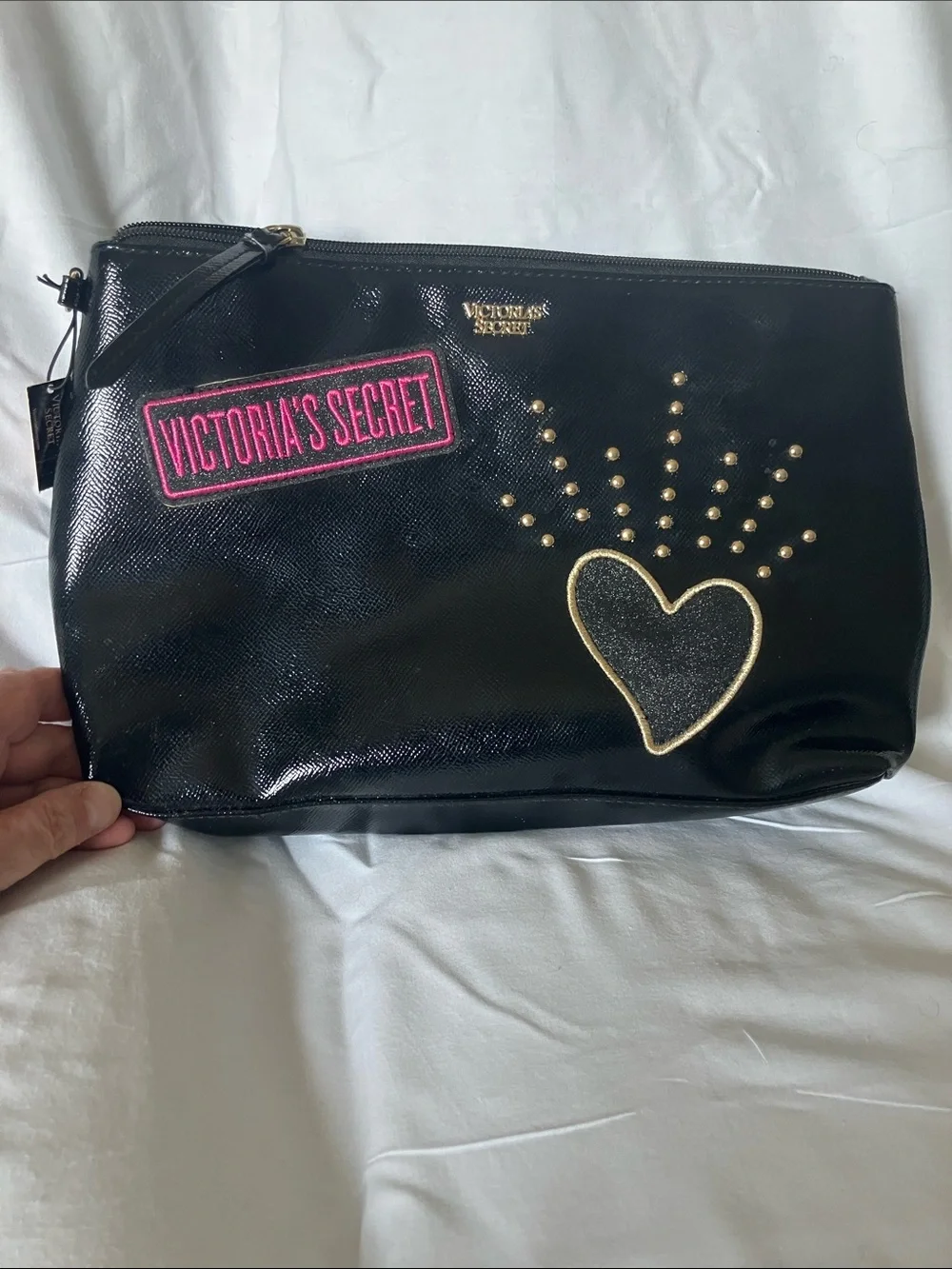 Victoria's Secret Black Cosmetic Pouch with Pink Logo and Gold Heart Studs